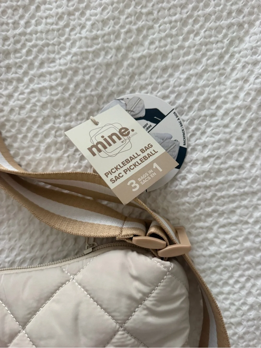 NWT Mine Women’s Quilted Cream Pickleball  Bag with Tan Stripe 3 in 1